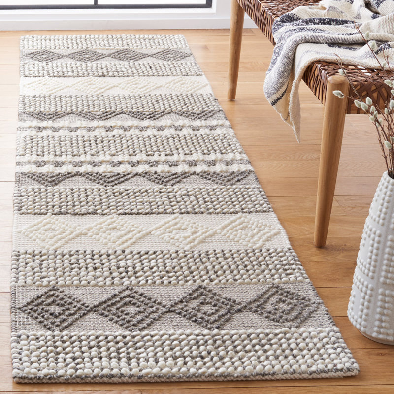 Tapis gris / ivoire en laine / coton tissé à la main à rayures Jacques, Tapis de couloir 2 pi 3 po x 16 pi