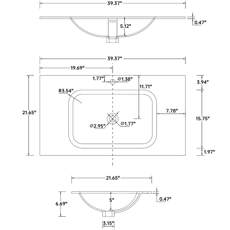 Meuble-lavabo de salle de bain en résine solide à surface solide - blanc mat, 6,87 po de hauteur, empreinte adaptable, qualité, lavabo facile à faire, profondeur de 40,48 po, décoloration, utilisation confortable