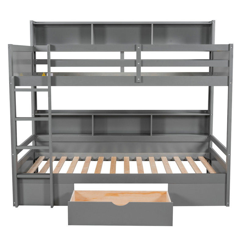 Lit superposé avec tablettes intégrées à côté des lits supérieur et inférieur et tiroir de rangement, Gris