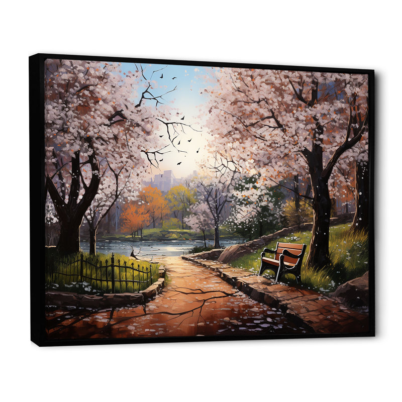 «Pink Springtime Park Floral Canopy I», art mural sur toile, Cadre flottant noir, H 30 po x l 40 po x P 1,5 po