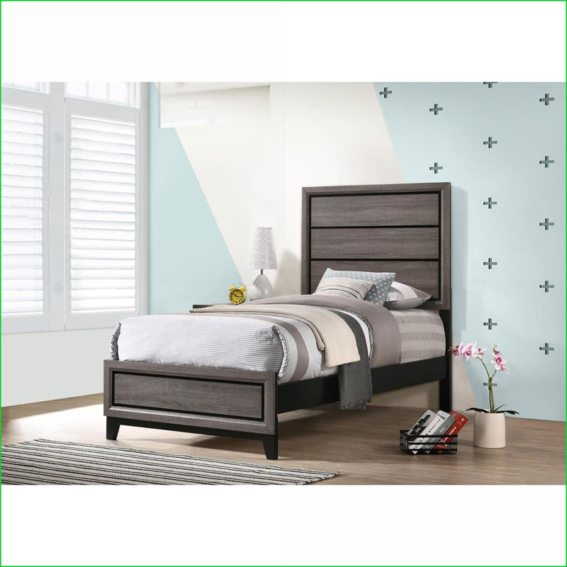  Rustic Grey Oak Panel Bed Frame Solid Wood & amp Veneer with Black Accents for Bedroom, Lit simple