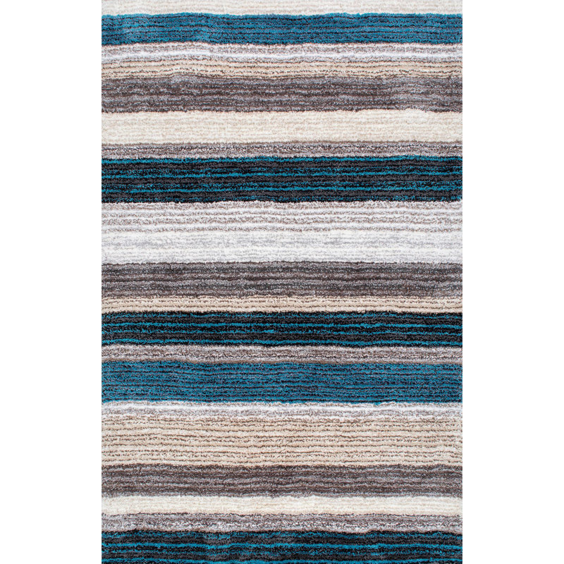 Striped Handmade Tufted Blue Area Rug, Rectangle 5' x 8'