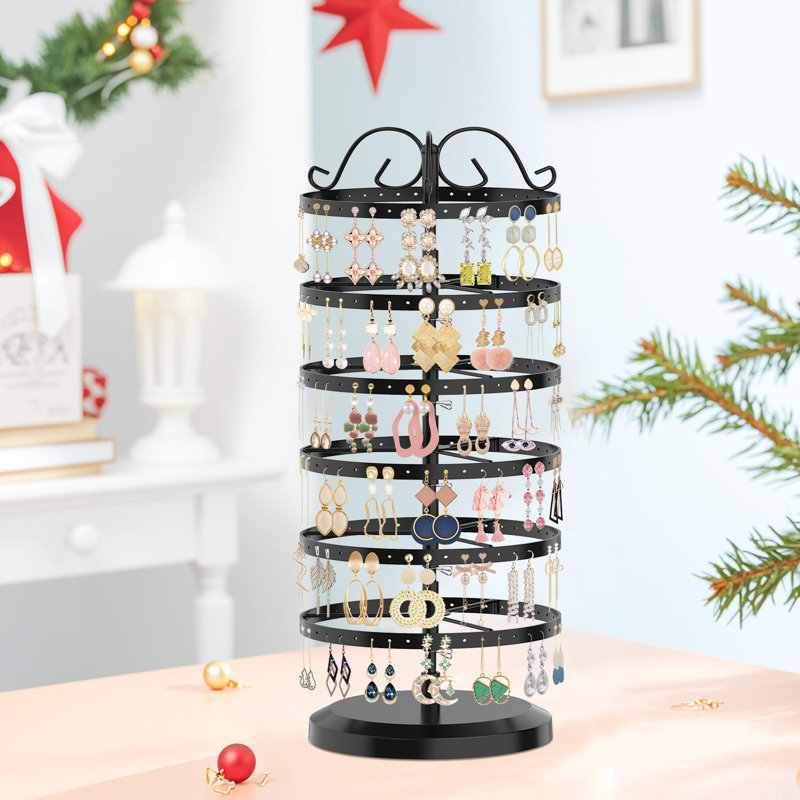 6 Tier Metal Rotating Earring Holder Organizer, 264 Holes Earring Storage Display Stands Tree Rack, Adjustable Earring Stud Tower(Black)