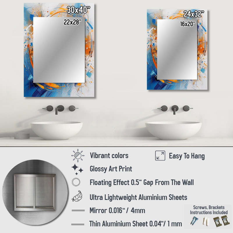 «Blue and Orange Space» - surréalisme paysage, miroir mural unique, art traditionnel imprimé, 40 po x 30 po