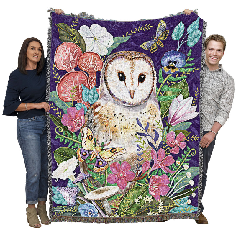 Jeté en coton Pure Country Weavers, Chouette effraie et fleurs de champignon