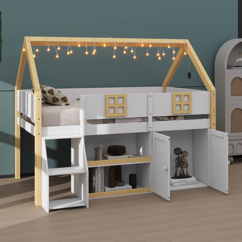 Lit mezzanine avec escabeau, étagères intégrées, armoires et éclairage DEL, Lit simple