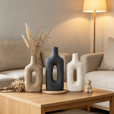 Ensemble de 3 vases en céramique, vases à fleurs rustiques modernes pour l'herbe de la pampa, fleurs séchées et fraîches, vases décoratifs de ferme pour le salon, la chambre à coucher, la pièce maîtresse de la tablette de la cuisine, design creux noir antique