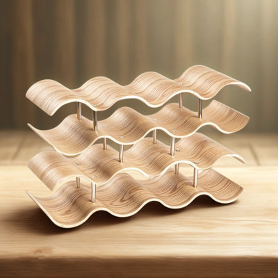 Modern Wave Design Wooden Wine Rack - Freestanding Countertop Bottle Holder Stores 14 Bottles, Minimalist 4-Tier Display For Kitchen, Bar, Or Dining Room