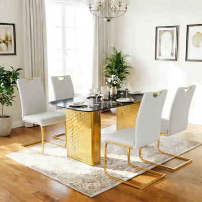 Solorzano 55" Glass Dining Table Set For 4, Modern Kitchen Table With Faux Marble Top And Metal Base, PU Leather Chairs With Metal Legs, 5-Piece Kitchen Set For Home, Grey & Black & Gold