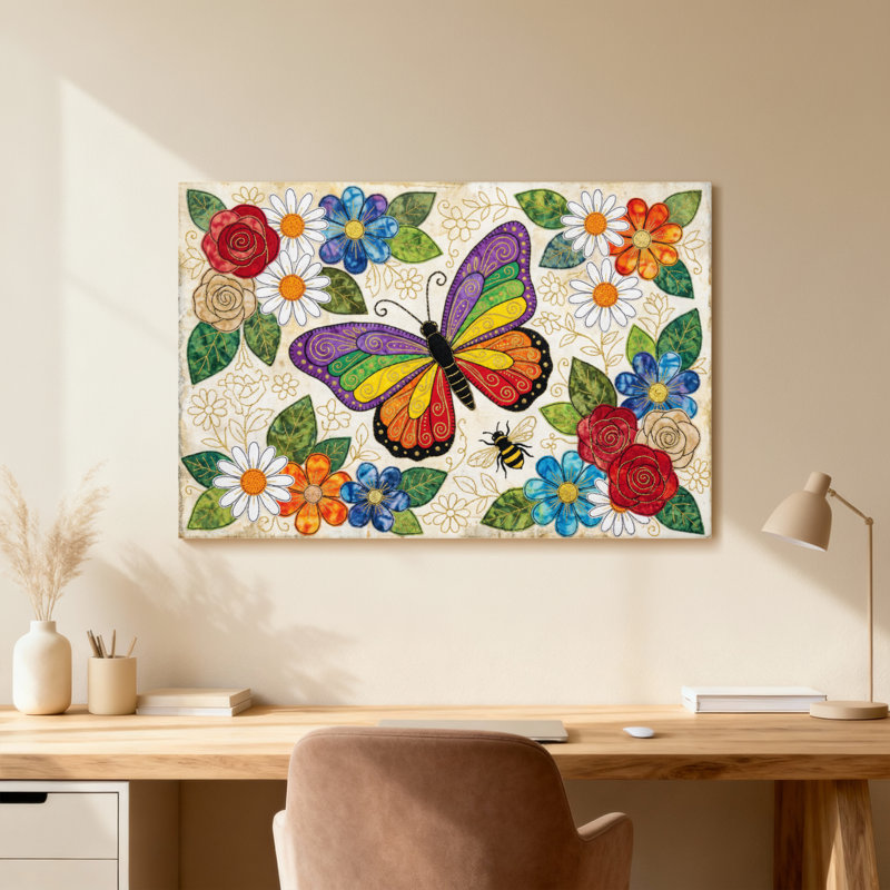 Animaux, papillon, fleurs, feuilles, abeille, motif de jardin coloré, H 24 po x l 36 po, Toile tendue, Ne s’applique pas