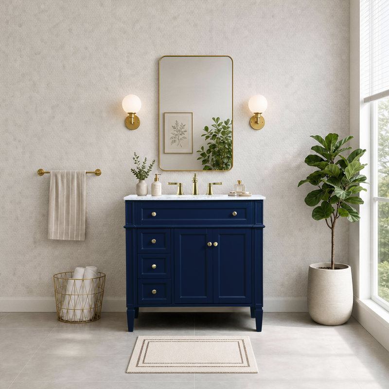Rivers 36'' Single Bathroom Vanity with Marble Top, Blue