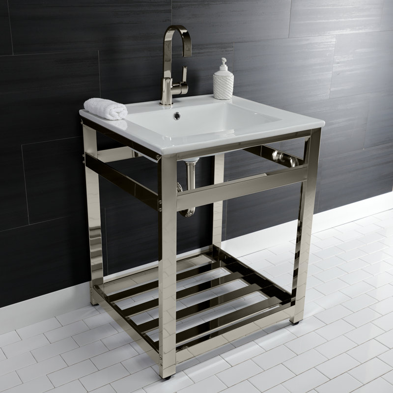 Kingston Brass Quadras 25-Inch Ceramic Console Sink with Stainless Steel Base and Shelf, White/Polished Nickel, Single