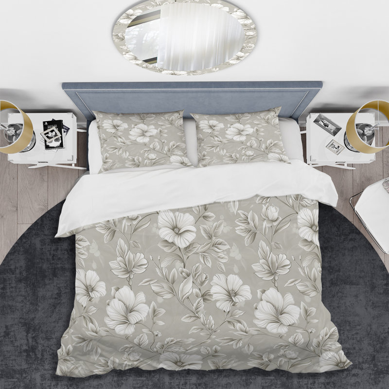 Ensemble de housse de couette Grey White Floral Dream II - Glam, Housse de couette très grand + 2 taies décorativ