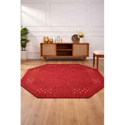 Tapis écologiques en laine nouée à la main Anley - Octogone | Rouge | Tapis antidérapants contemporains, modernes, à poils longs et épais pour le salon, la chambre à coucher
