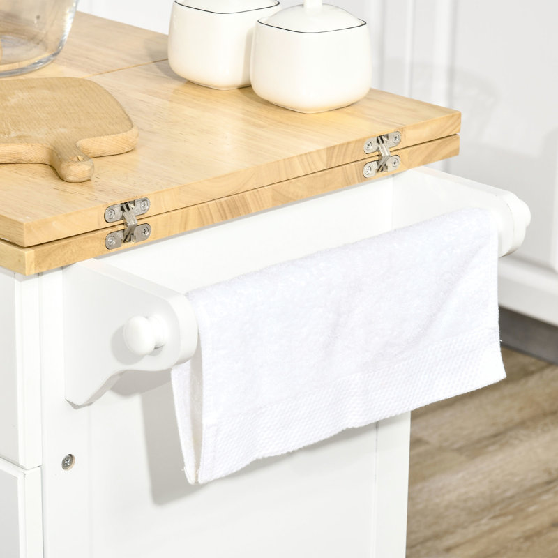 Îlot de cuisine mobile avec panneaux supérieurs pliants, tiroir, armoire, serviette, plateau en bois naturel, abattant blanc, chariot roulant, armoire à tiroirs,