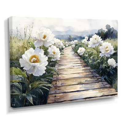 Pivoines le long de l'allée en bois II - pivoines, art mural