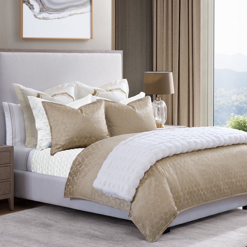 Ensemble d'édredon moderne en nid d'abeille métallique doré, Édredon grand + 2 taies décoratives standard