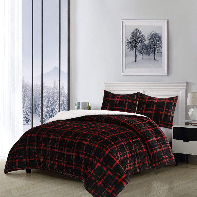 Ensemble d'édredon réversible en flanelle de velours et en sherpa 3 pièces Emery, Rouge