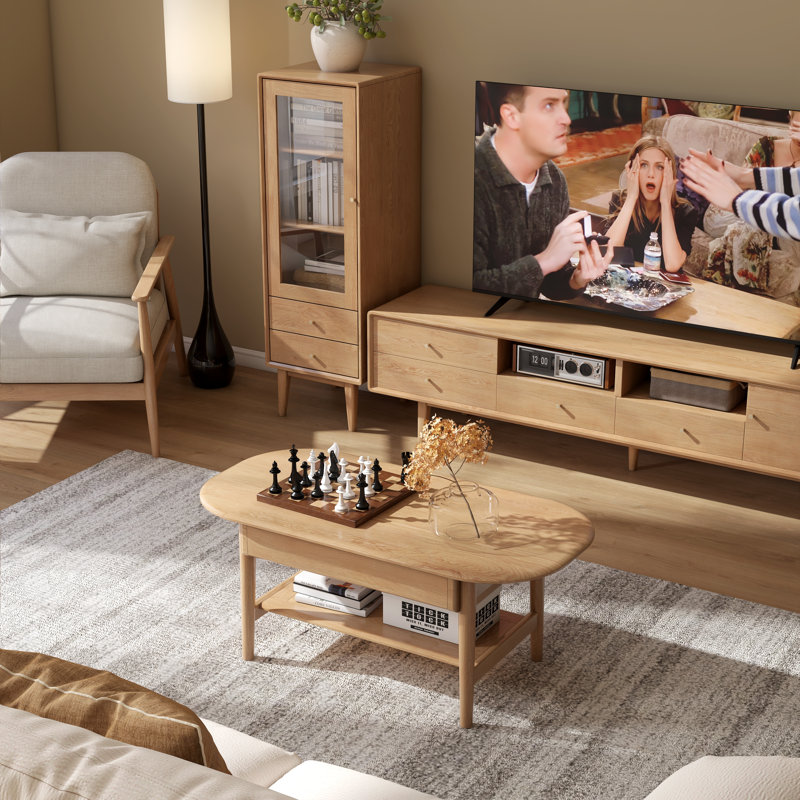 39"W Solid Oak Mid-Century Modern Coffee Table with Drawer and Storage Shelf, 16.54" H x 39.37" L x 19.69" W, Natural Oak