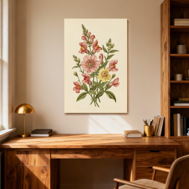 Bouquet de plantes et de fleurs avec fleurs roses et jaunes, H 20 po x l 30 po