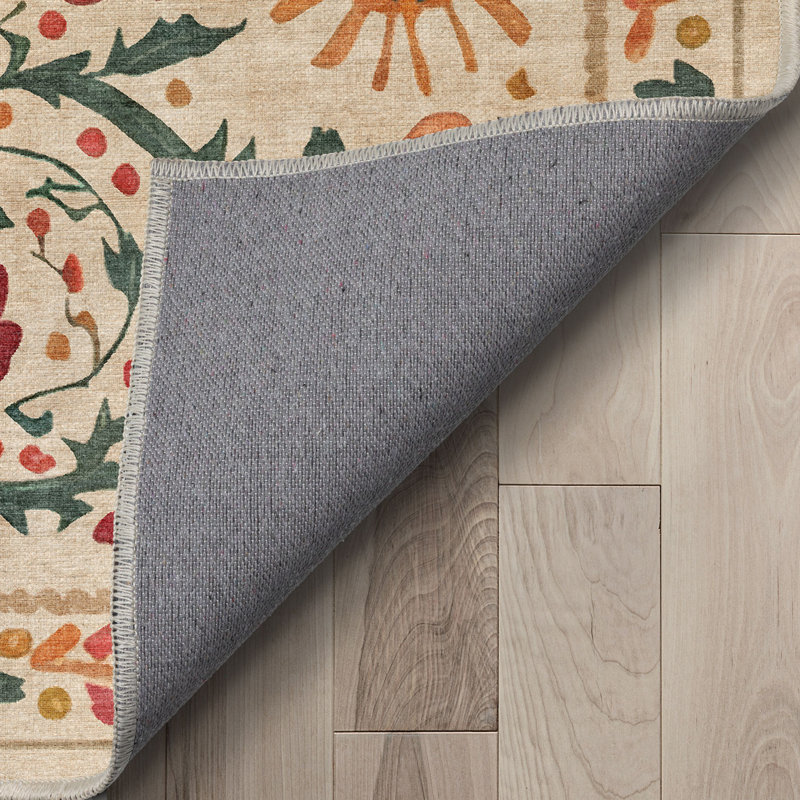 Suzani Beige Floral Chenille Rectangular Washable Rug 5'3" x 7'3"