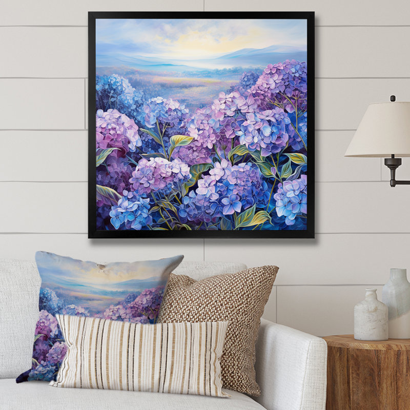 Fleurs d'hortensia mauve sur toile, Cadre simple noir, H 24 po x l 24 po x P 1 po