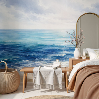 Papier peint à peler et coller abstrait bleu marine moderne thème de l'océan bleu vagues océaniques brumeuses 69 "H x 96" l papier mural amovible en PVC auto-adhésif pour le salon de la chambre bureau à domicile