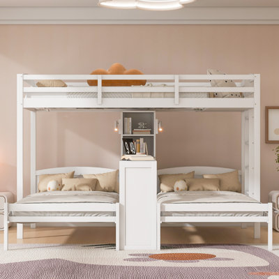 Lit superposé simple au-dessus de simple et simple avec bureau intégré et tablettes de rangement, lampe de lecture, 3 lits en 1, blanc