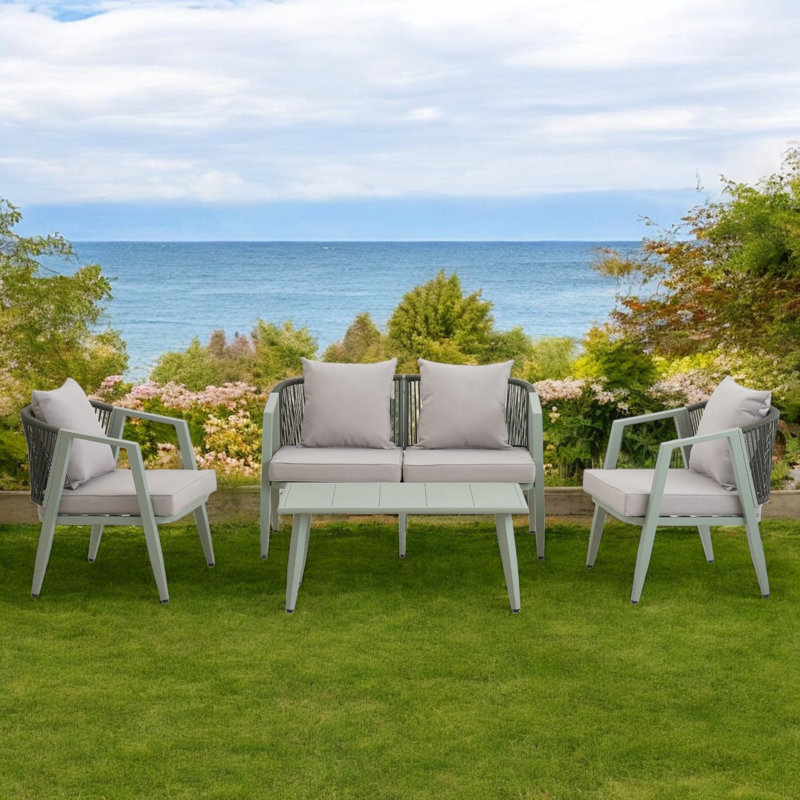 Ensemble de conversation de terrasse avec canapé et coussins 4 pièces, Beige, Vert