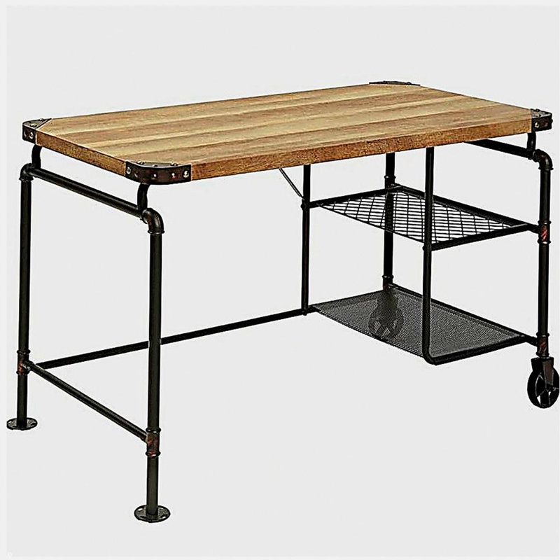 Bureau d'inspiration industrielle avec un plateau en bois noir antique et des roulettes décoratives