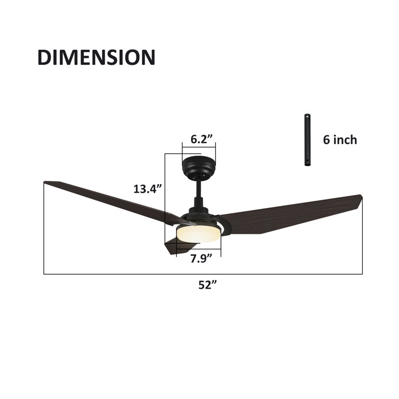 Ventilateur de plafond intelligent à 3 pales avec DEL, télécommande et ensemble d'éclairage inclus, 52 po, Black/Dark Walnut