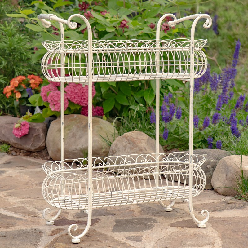 Support pour plante 32,28 "à deux niveaux en métal ovale blanc antique" Stephania ", Antique White