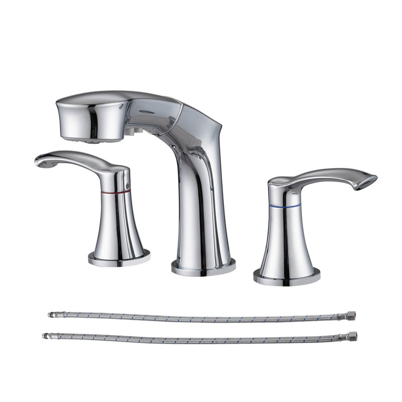 Robinet de salle de bain surdimensionné à 2 poignées et 3 trous avec douchette extractible, Chrome