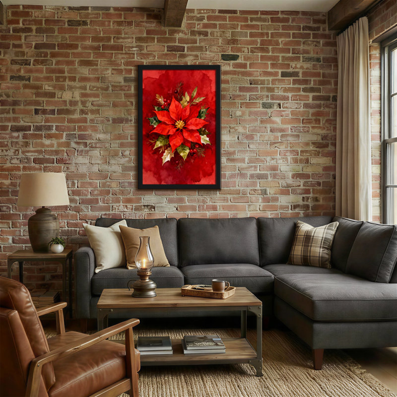 Poinsettia de Noël rouge avec feuilles vertes et baies, H 36 po x l 24 po