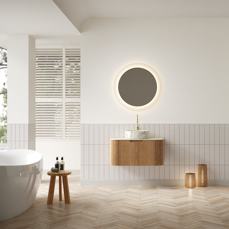 Dina 30" Bathroom Vanity&Sink, Floating Curved Edges Striped Cabinet With Drawer, Round Ceramic Basin With Stone Pattern&Travertine-Pattern Sintered Stone Top, Pre-Assembled, Natura Woodgrain Color