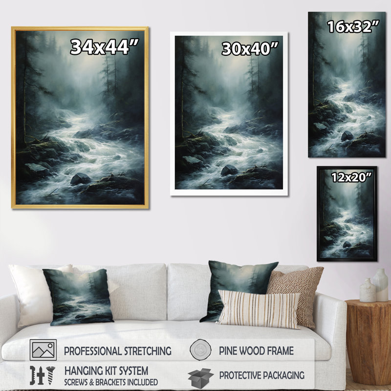 «Baese Storm Misty Torrent», reproduction sur toile, H 32 po x l 24 po x P 1 po, Cadre flottant noir