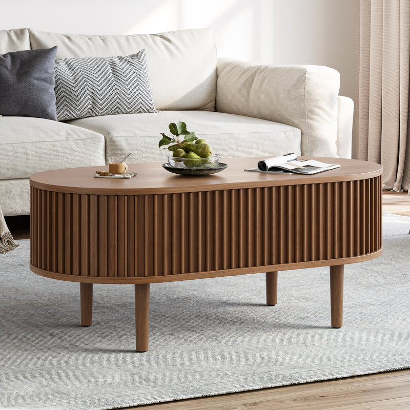 Table basse ovale de 43,4 po avec rangement dissimulé, table d'appoint cannelée avec portes coulissantes en tambour, Noyer
