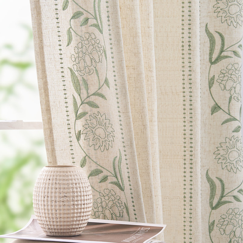 Linen Blend Embroidered Light Filtering Curtains with Rod Pocket, Sage, 50" W x 84" L