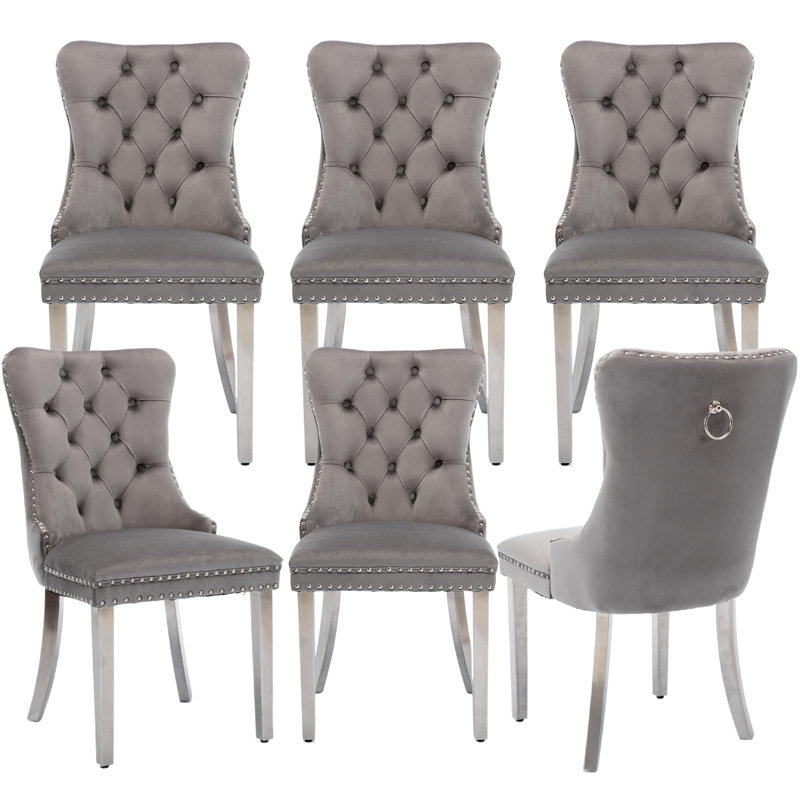Dining Chairs, Upholstered High-end Tufted Dining Room Chair with Nailhead Back Ring, Black, Gray Velvet , 4