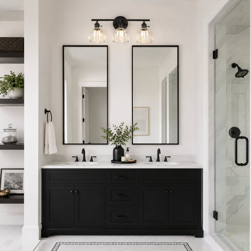 3 - Light Dimmable Bathroom Vanity Light With Tulip-Shaped Glass Shade, Matte Black, 9.17" H x 18.8" W x 6.8" D, 3 Lights