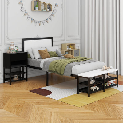 Metal Platform Bed With Two-Tier Storage Shelves, Wooden Storage Cabinet by 17 Stories