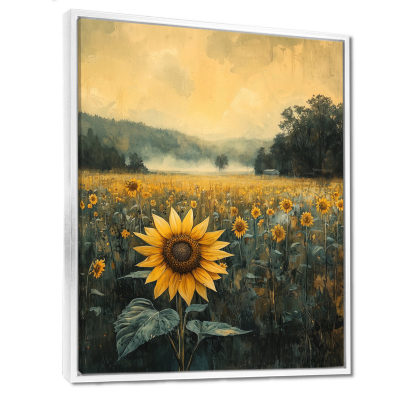 Drax Sunflowers On A Foggy Farm - Tournesols, reproductions encadrées, H 40 po x l 30 po, Reproduction avec cadre flottant