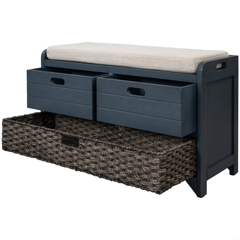 Banc de rangement avec panier amovible et 2 tiroirs, banc à chaussures entièrement assemblé