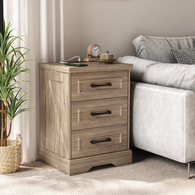Farmhouse Nightstand With Charging Station, Solid Wood End Table With 3 Large Drawers & Bar Handles