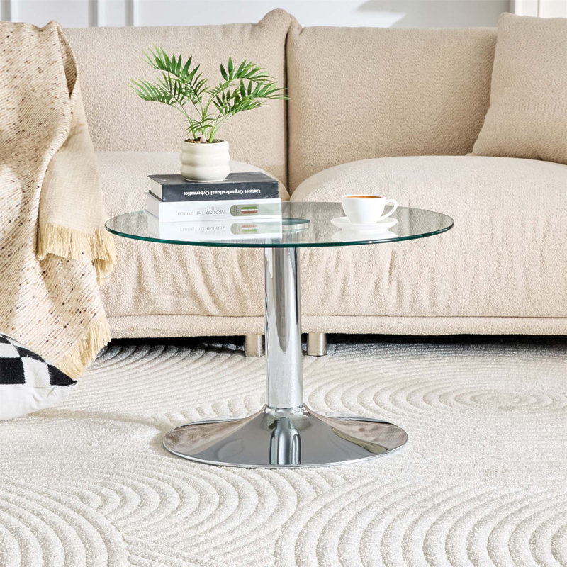 Table basse de 27,5 pouces en verre trempé avec base en métal argenté, bord luxueux pour intérieurs modernes et luxueux