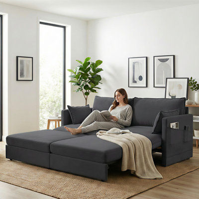 Canapé-lit convertible 3-en-1 avec coussins de rangement - Chaise longue à lit double, gris foncé