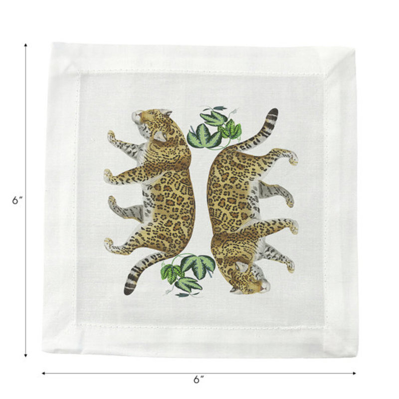 Leopard Seeing Double Cotton Sateen Cocktail Napkins, White