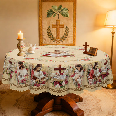 Nappe religieuse inspirante de Pâques - Housse en tissu imprimé croix et rose, nappe ronde réutilisable pour les services de Pâques, célébrations de la maison | Élégante décoration de table à bords festonnés avec un design confessionnel, convient aux tables de salle à manger