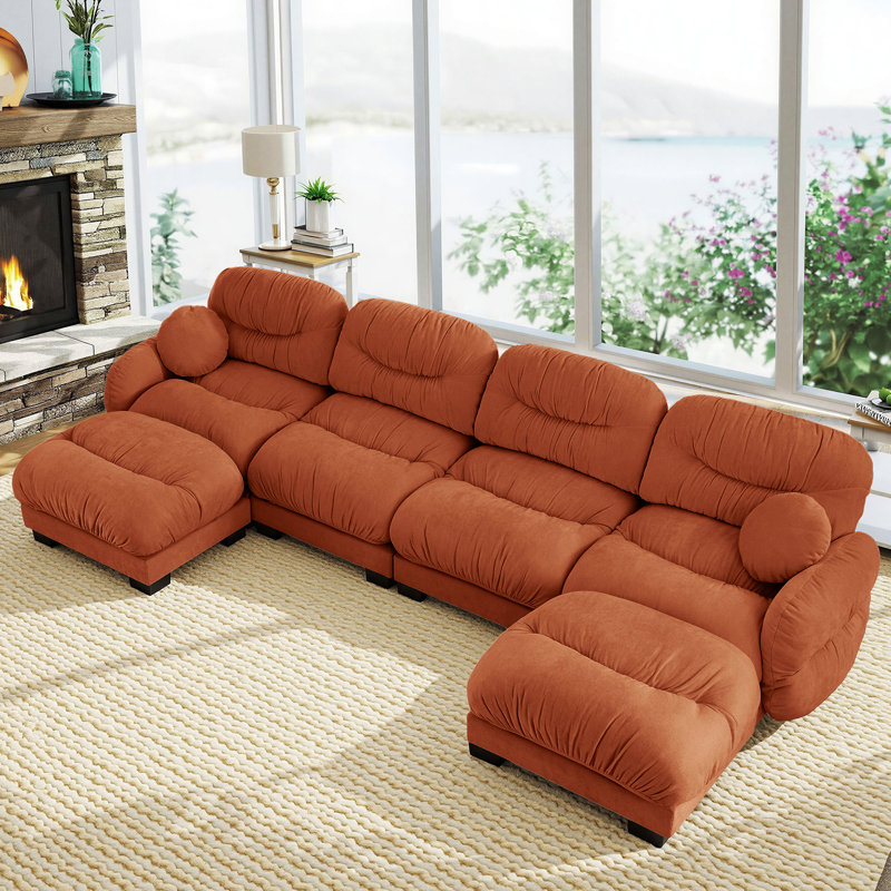 150" Oversized U-Shaped Chenille Sectional Sofa with Double Chaises, Modern Cloud-Like Modular Couch for Living Room, Orange