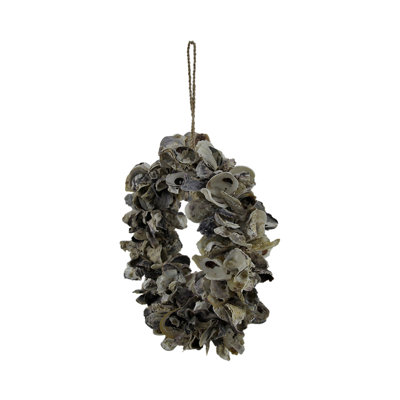 Coastal natural oyster shell accent wreath for indoor or outdoor display — grey, 18 in. diameter x 7 in. wide